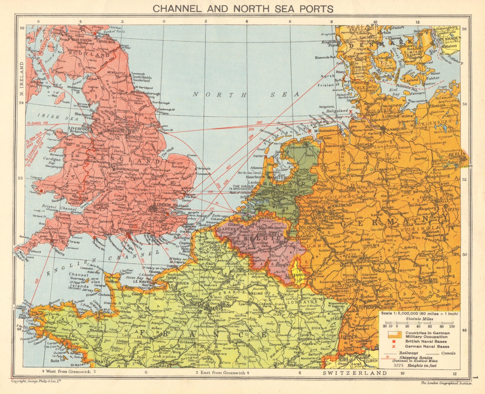 WORLD WAR 2. English Channel & North sea ports. German occupied Europe 1942 map